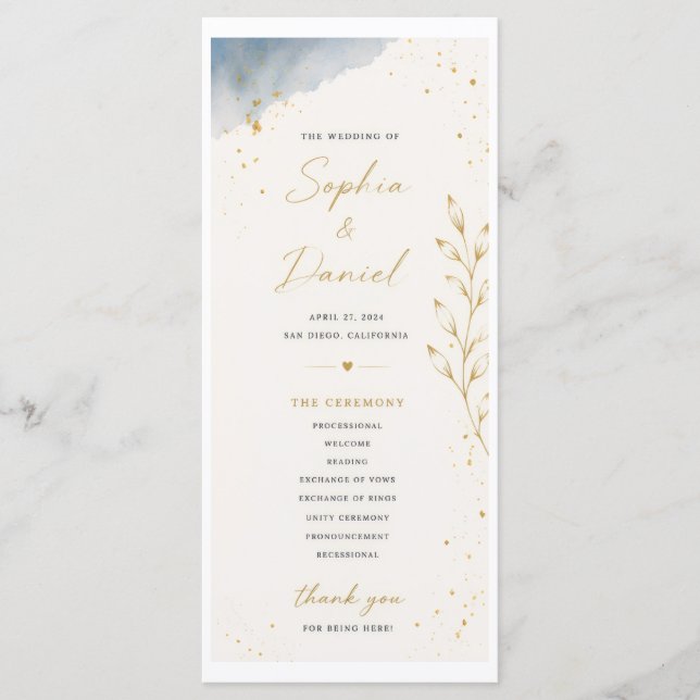 Programa de Boda Azul y Blanco con Hojas (Anverso)