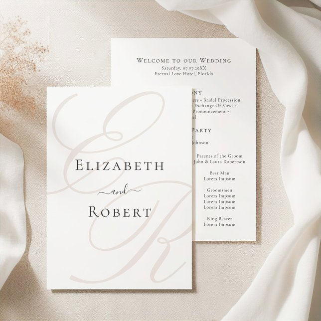 Programa de Boda Beige con Monograma Minimalista E (Elegant Minimalist Beige Monogram Wedding Program on an elegant white silky tableclothes)
