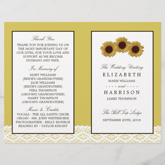 Programa de boda bi-fold de girasoles y encaje vin (Anverso)