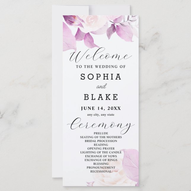 Programa de Boda Blanca con hojas moradas de rosas (Anverso)