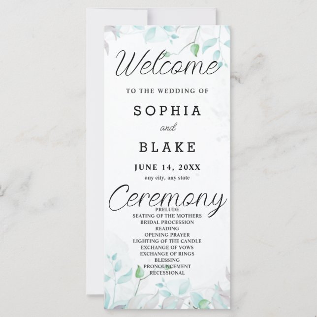 Programa de Boda Blanca con hojas verdes de bonito (Anverso)