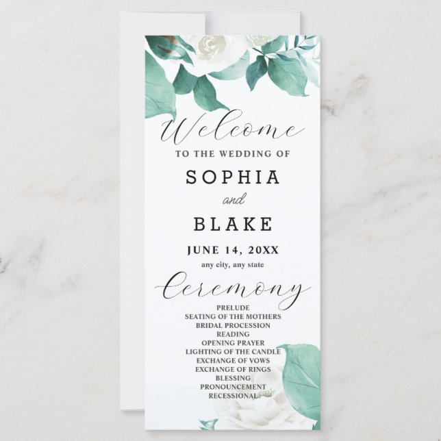 Programa de Boda Blanca con Rosas Blancas Verdes (Anverso)