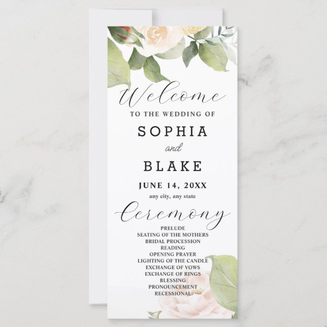 Programa de Boda Blanca con Rosas Blancas Verdes (Anverso)
