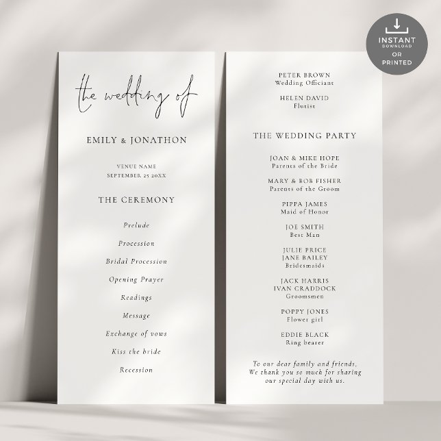 Programa de Boda Blanca Negra con guión moderno (Front and back view)