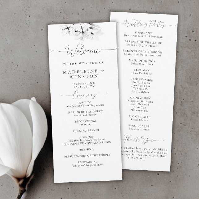 Programa de Boda Blanca Negra de la Moda Magnolia  (modern classic magnolia wedding ceremony program black white calligraphy simple elegant classy)