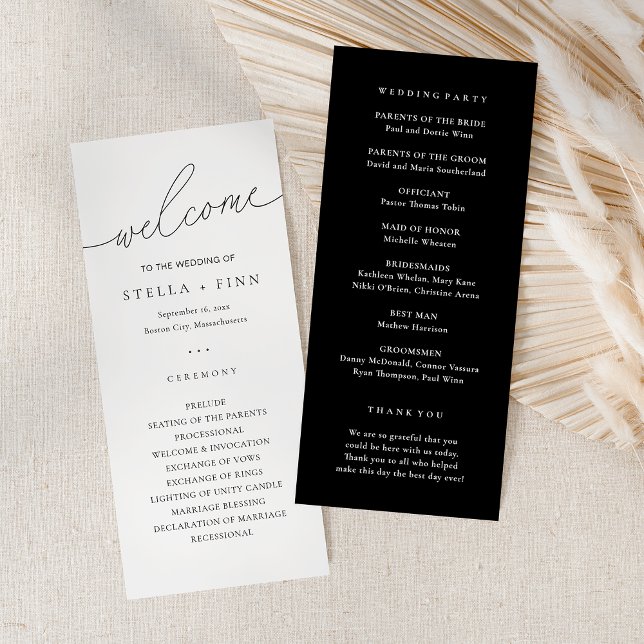 Programa de boda blanca y negra con guiones modern (Modern Elegant Script Black & Whit Wedding Program)