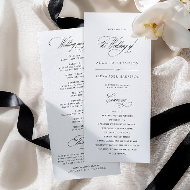 Programa de Boda Blanco con Caligrafía Clásica Ele (Elegant Classic Calligraphy White Wedding Program)