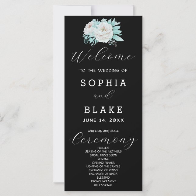 Programa de Boda Blanco Floral Romántico Negro (Anverso)