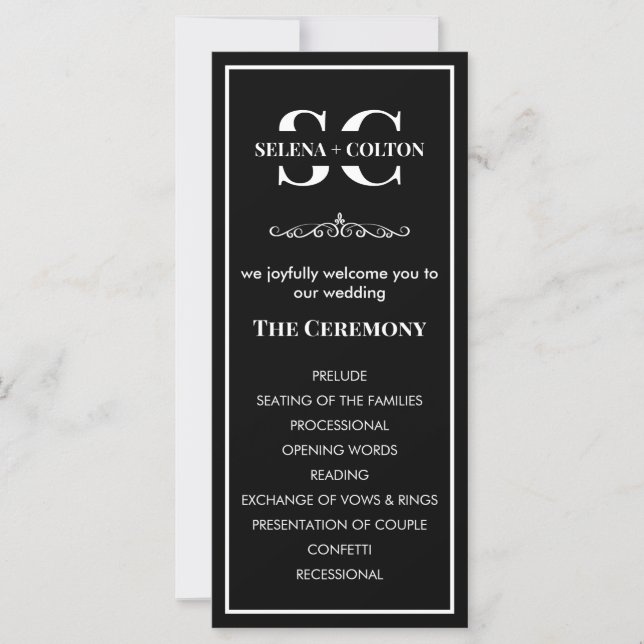 Programa de Boda Blanco y Negro Moderno y Atempora (Anverso)