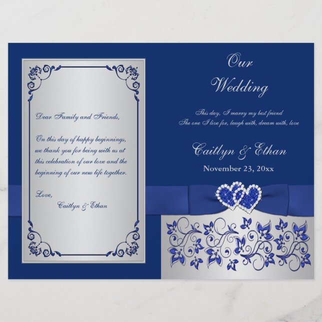 Programa de Boda Blue, Silver Floral Hearts (Anverso)