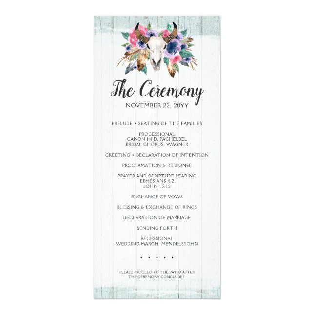 Programa de Boda Boho Chic de Cráneo de Vaca Flora (Frente)