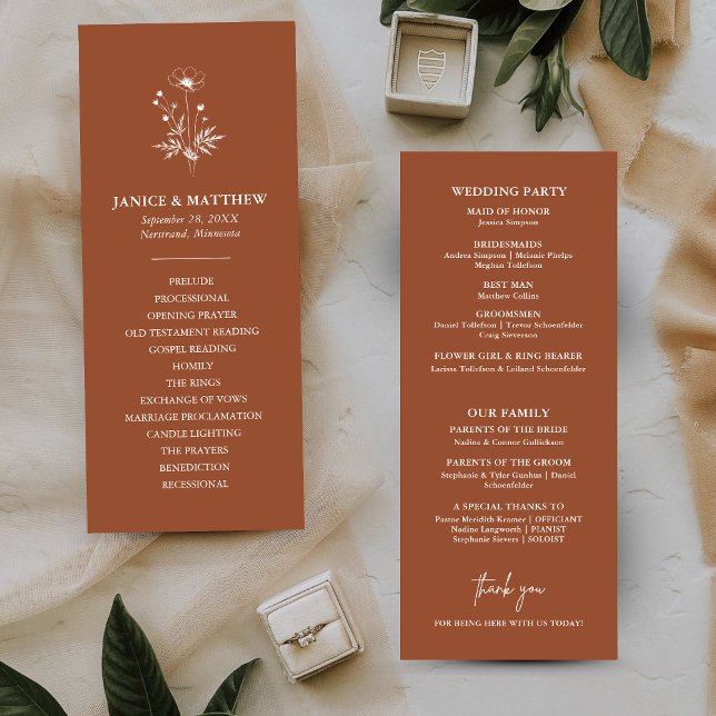 Programa de Boda Boho de Terracota con Flor Silves (Rustic wildflower terracotta boho wedding program brings warm charm to your ceremony details)