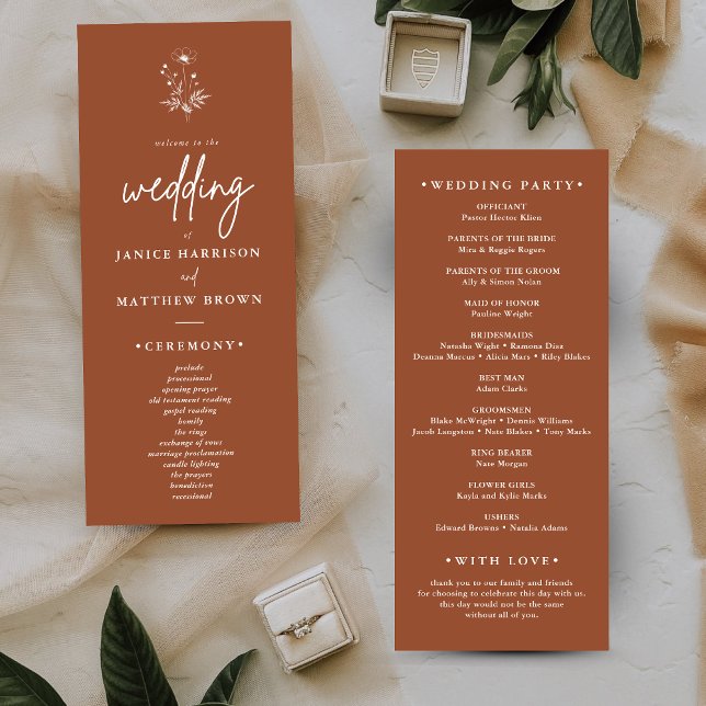 Programa de Boda Boho de Terracota con Flor Silves (Rustic wildflower terracotta boho wedding program adds warm personalized charm to your ceremony)