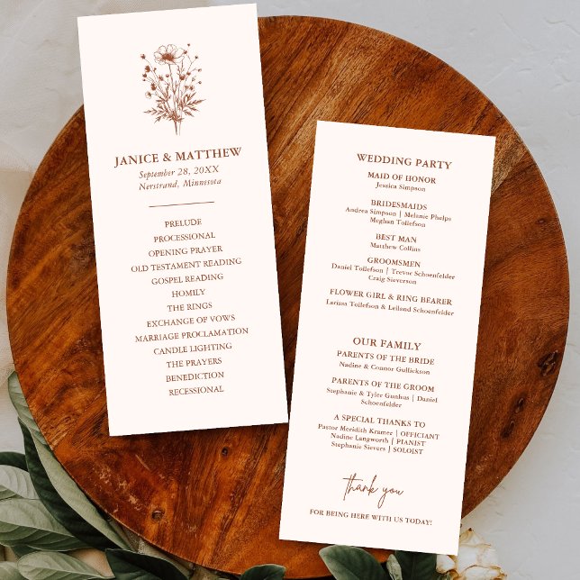 Programa de Boda Boho de Terracota con Flor Silves (Rustic wildflower terracotta boho wedding program adds warm charm to your ceremony style)