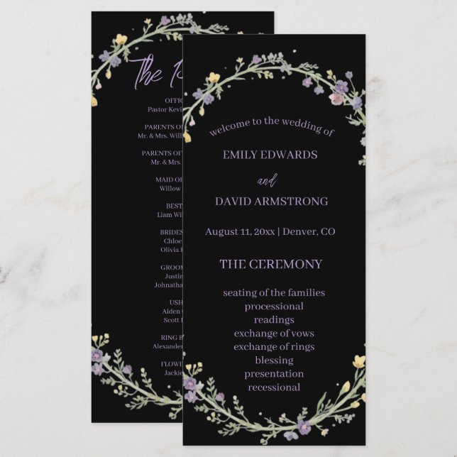 Programa de Boda Boho Floral Moderno Negro (Anverso / Reverso)