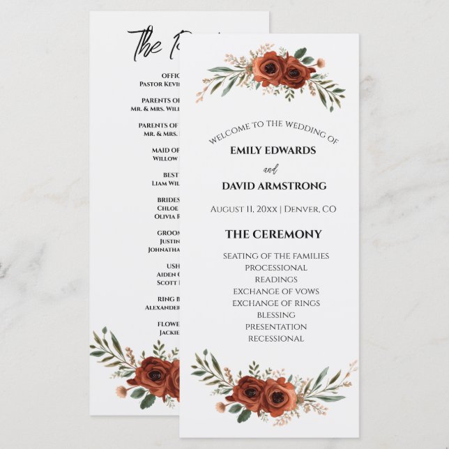 Programa de Boda Boho Floral Terracota Malhumorado (Anverso / Reverso)