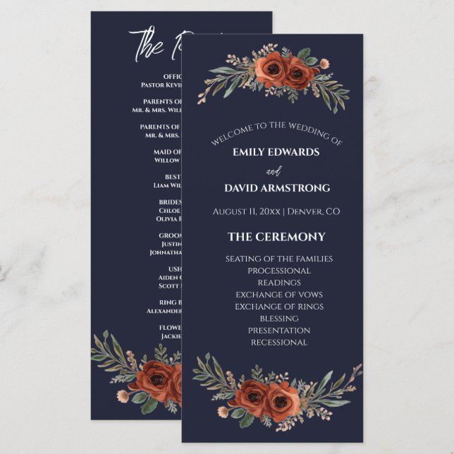 Programa de Boda Boho Floral Terracota Marina (Anverso / Reverso)