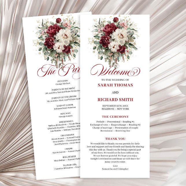 Programa de Boda Boho Rubor Borgoña Dorado Largo (Boho Blush Burgundy Gold Wedding Program Card)