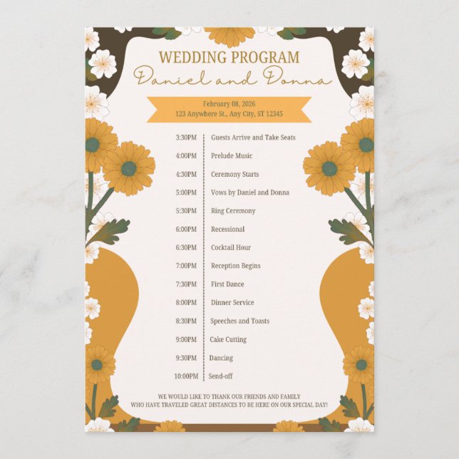 Programa de Boda – Borde Floral Amarillo y Blanco  (Anverso)