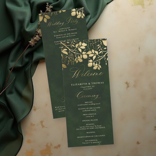 Programa de Boda Bosque Encantado con Follaje Dora (enchanted forest wedding theme program card gold foliage hunter green gold elegant)