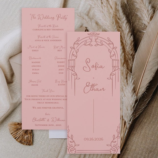 Programa de Boda Botánico con Arco Ornamentado Ros (Elegant Dusty Rose Ornate Arch Botanical Wedding Program Card)