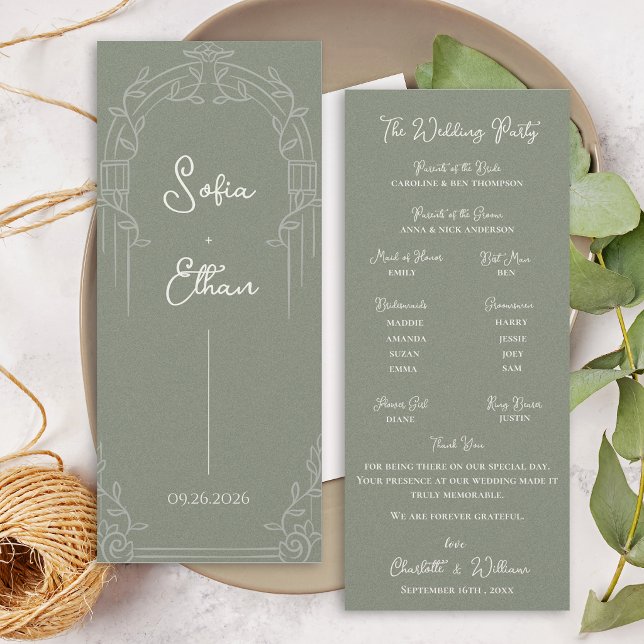 Programa de Boda Botánico con Arco Ornamentado Ver (Elegant Sage Green Ornate Arch Botanical Wedding Program Card)