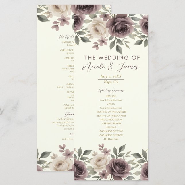 Programa de Boda Botánico Flor de Marfil Malva Pol (Anverso / Reverso)