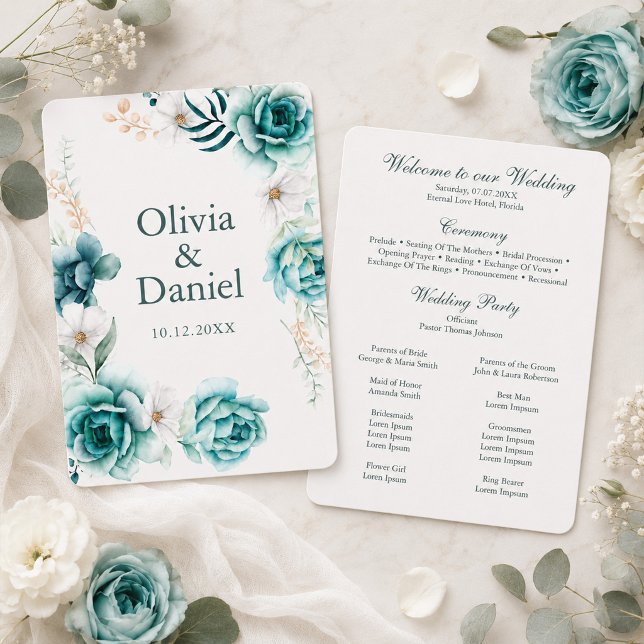 Programa de Boda Botánico Flor Silvestre Verde Azu (Teal Wildflower Botanical Wedding Program)