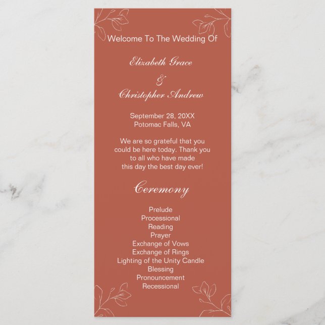Programa de Boda Botánico Floral Blanco Terracota (Anverso)