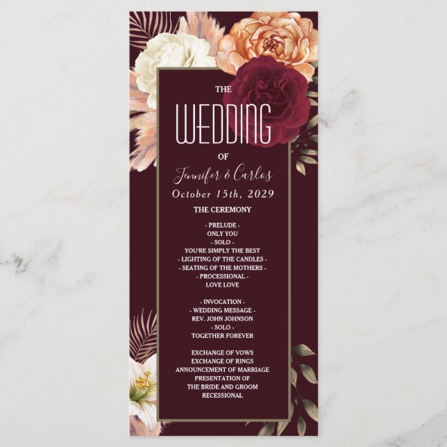 Programa de Boda Burgundy Floral (Anverso)