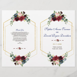 Programa de Boda Burgundy Floral Gold Hexagon