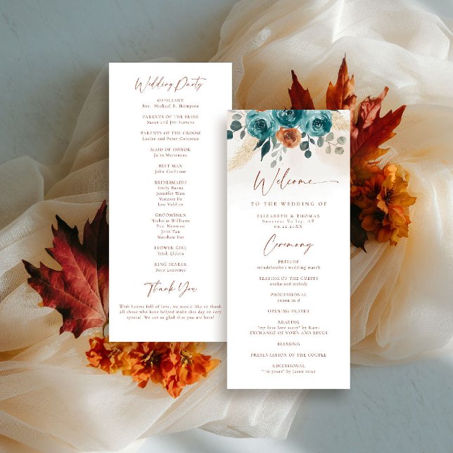 Programa de Boda Caída de Naranja Quemado Verde az (fall wedding program teal burnt orange terracotta watercolor floral botanical earthy)