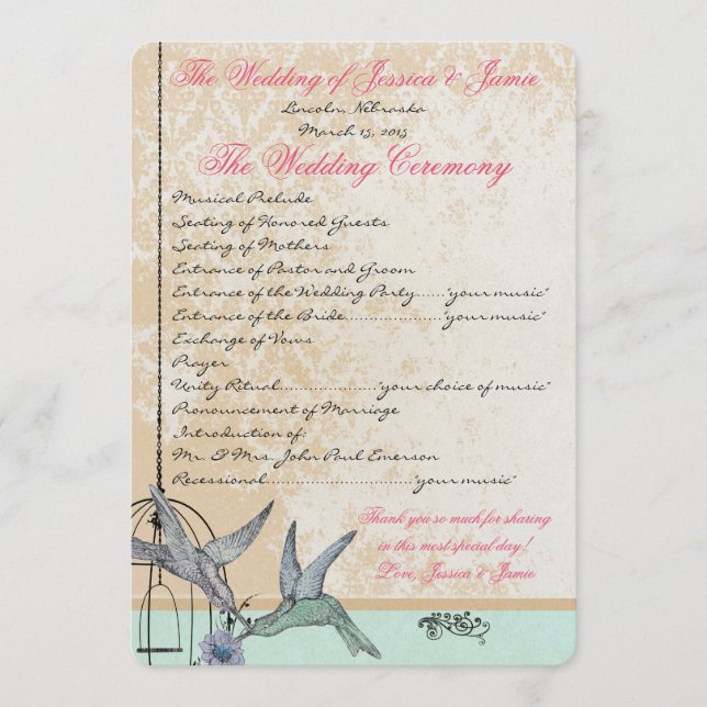 Programa de Boda Caprichoso Jaula de Pájaros Vinta (Anverso)