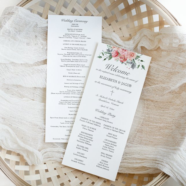 Programa de boda católica Elizabeth con misa (ELizabeth, classic, elegant Catholic wedding program with full mass with pink watercolor flowers)