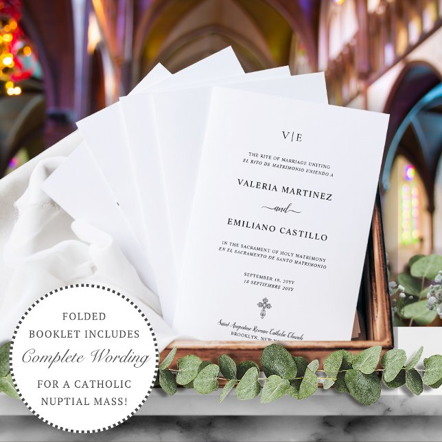 Programa de Boda Católica Española Bilingüe (Elegant, simple, bilingual, Spanish-English, folded Catholic wedding program )