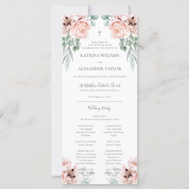 Programa de boda católica floral rosa Katrina con  (Anverso)
