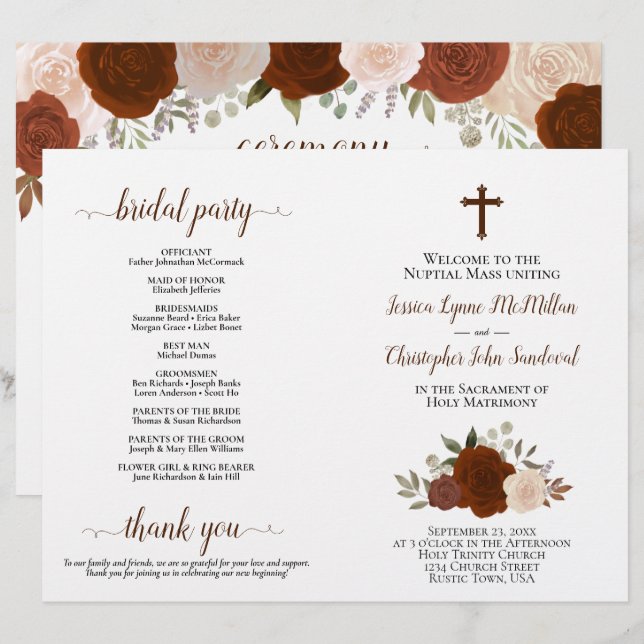 Programa de Boda Católico DIY de Rosas de Otoño Pl (Anverso / Reverso)
