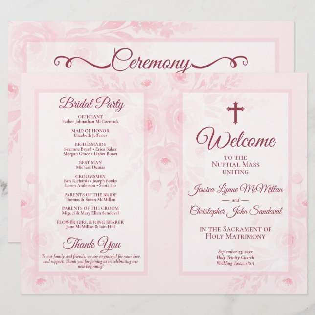 Programa de Boda Católico DIY Floral Boho Rosa (Anverso / Reverso)
