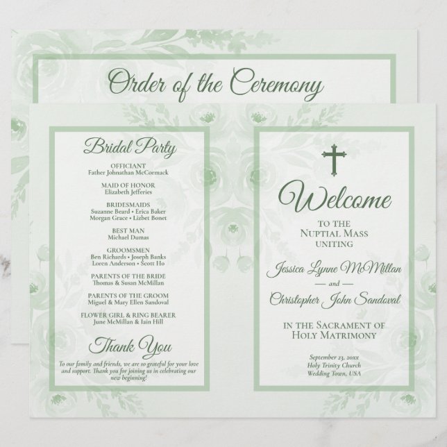 Programa de Boda Católico DIY Floral Boho Sage (Anverso / Reverso)