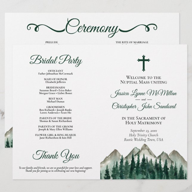 Programa de Boda Católico DIY Montañas & Pino Dobl (Anverso / Reverso)