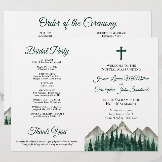 Programa de Boda Católico DIY Montañas & Pino Dobl (Anverso / Reverso)