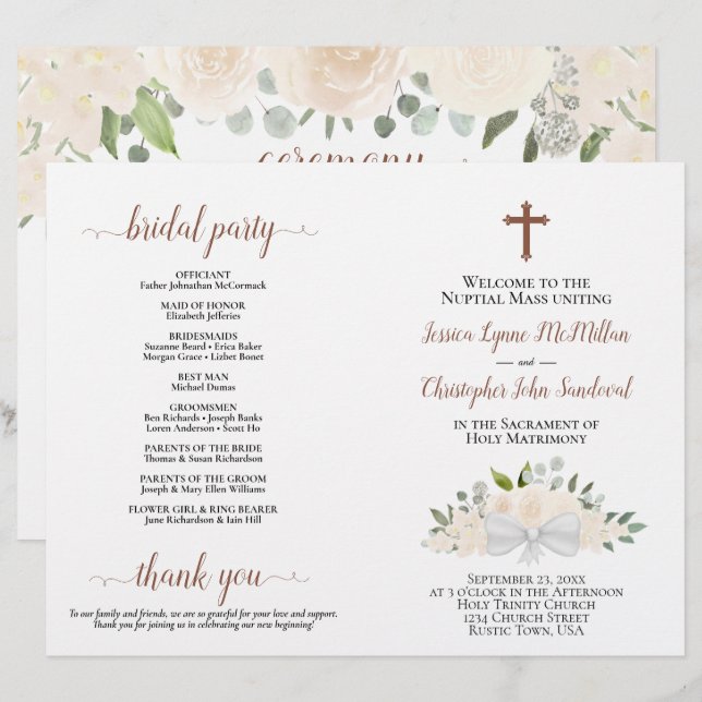 Programa de Boda Católico DIY Rosas de Champán Dob (Anverso / Reverso)