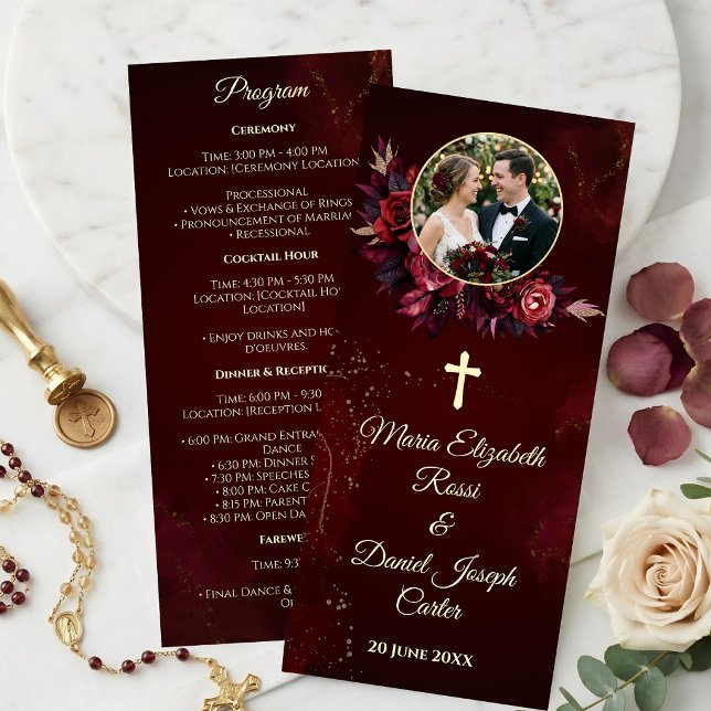 Programa de Boda Católico Floral Borgoña (Burgundy Floral Catholic Wedding Program)