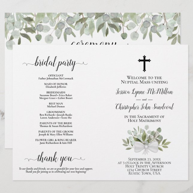 Programa de Boda Católico Plegable DIY Eucalipto (Anverso / Reverso)