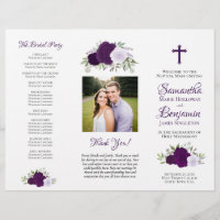 Programa de Boda Católico tri-fold DIY Rosas Purpú