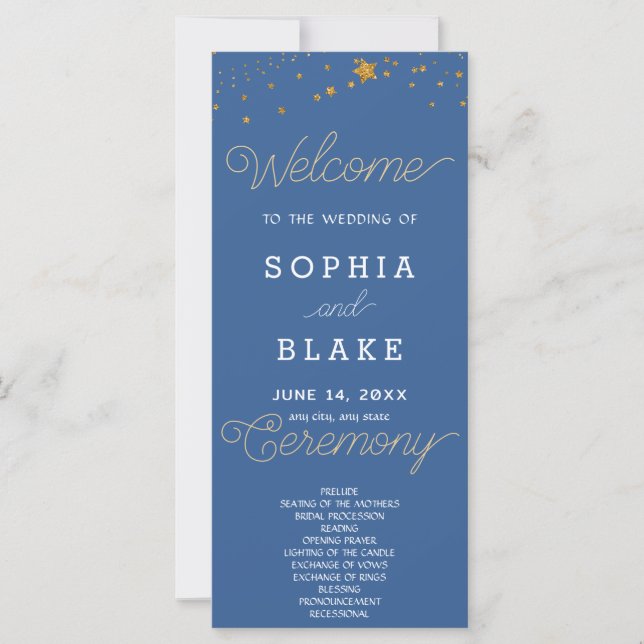 Programa de Boda Celeste de Estrellas Doradas Azul (Anverso)