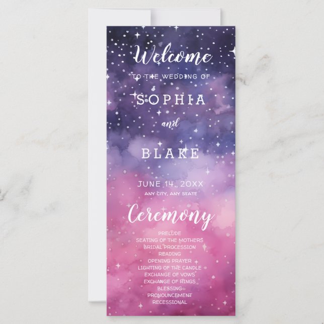 Programa de Boda Celestial con Estrellas Rosadas y (Anverso)