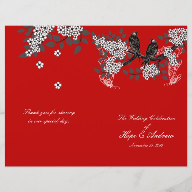 Programa de Boda Cereza Roja Vintage Birds (Anverso)