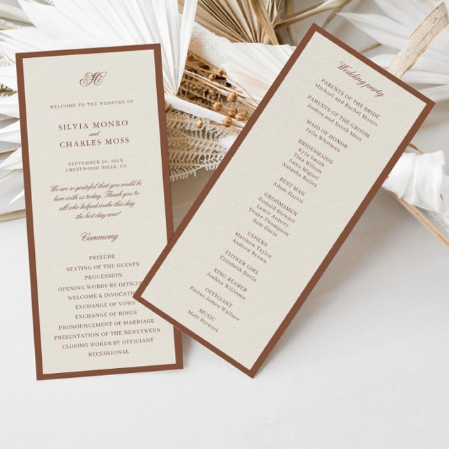 Programa de Boda Clásica Elegante Marrón y Salva (Classic Elegant Brown & Ecru Wedding Program)
