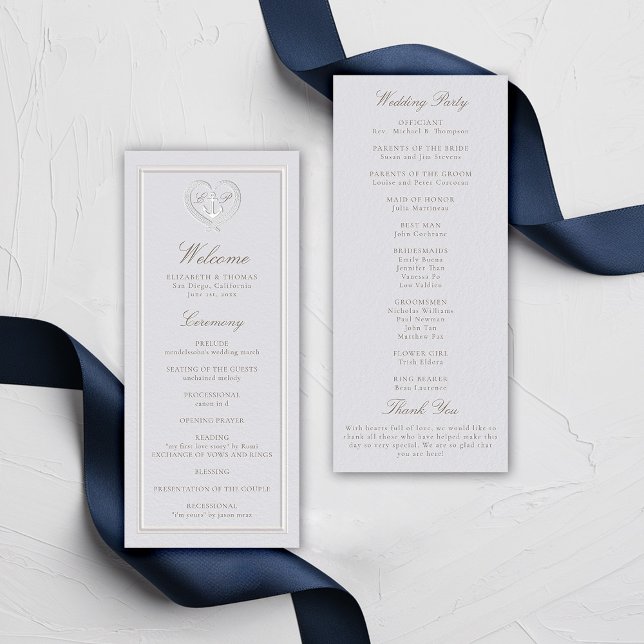 Programa de Boda Clásica Escudo de Ancla Náutica (nautical wedding program classic formal traditional frame faux embossed anchor crest monograms)